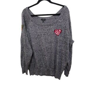 Torrid Gray Knit Sweater Women 2XL With Patches Peace Heart Whatever Soft